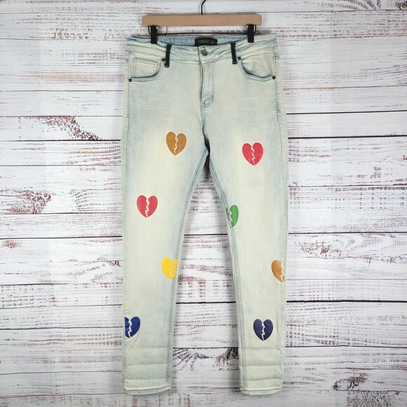 Pheelings "Let it Go" Jeans Mens Sz 36 x 32 Light Wash Skinny Fit Broken Hearts - Picture 1 of 14
